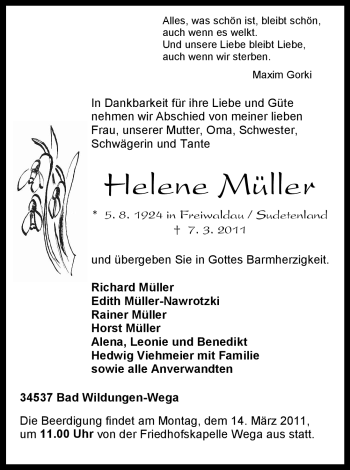 Traueranzeige von Helene Müller von HNA