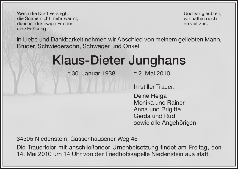 Traueranzeigen von Klaus Dieter Junghans Trauer.HNA.de