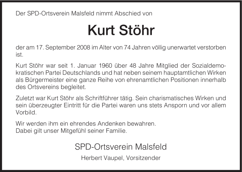  Traueranzeige für Kurt Stöhr vom 19.09.2008 aus HNA