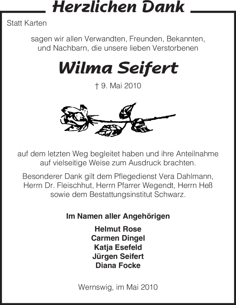  Traueranzeige für Wilma Seifert vom 29.05.2010 aus HNA