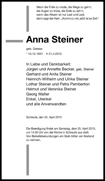 Traueranzeige von Anna Steiner von HNA