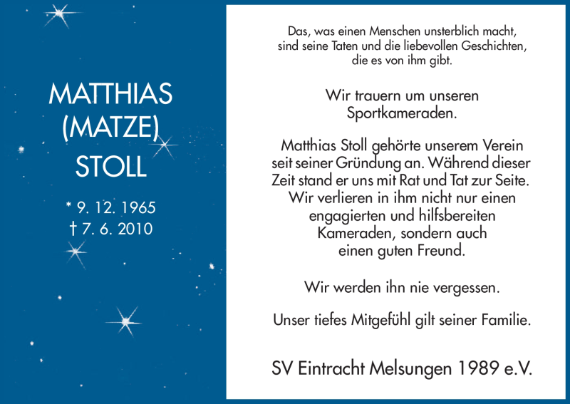  Traueranzeige für Matthias Stoll vom 12.06.2010 aus HNA