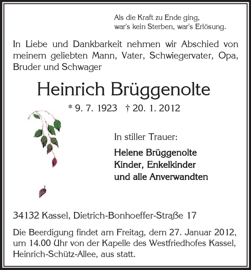  Traueranzeige für Heinrich Brüggenolte vom 24.01.2012 aus HNA