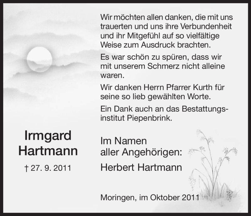  Traueranzeige für Irmgard Hartmann vom 29.10.2011 aus HNA