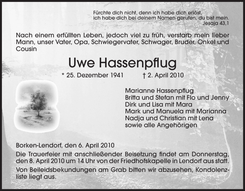  Traueranzeige für Uwe Hassenpflug vom 06.04.2010 aus HNA