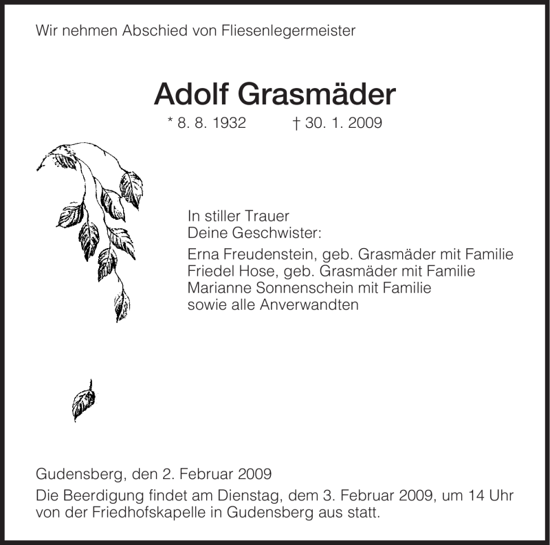  Traueranzeige für Adolf Grasmaeder vom 02.02.2009 aus HNA