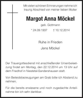 Traueranzeige von Margot Anna Möckel von HNA