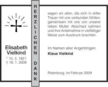 Traueranzeige von Elisabeth Vielkind von HNA