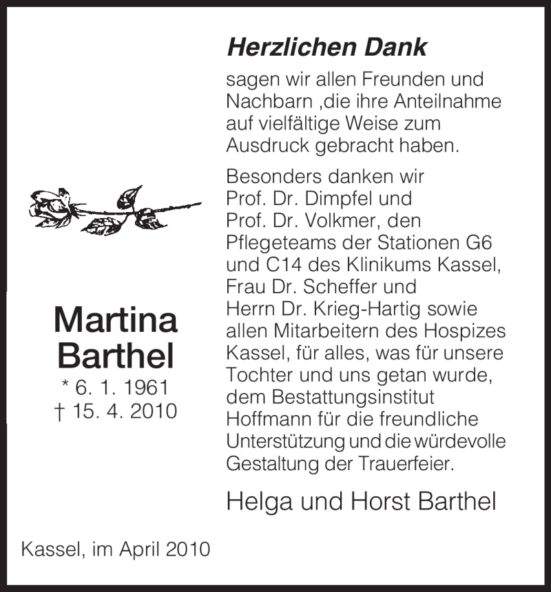  Traueranzeige für Martina Barthel vom 30.04.2010 aus HNA