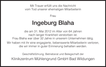 Traueranzeige von Ingeburg Blaha von HNA