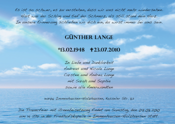 Traueranzeige von Günther Lange von HNA