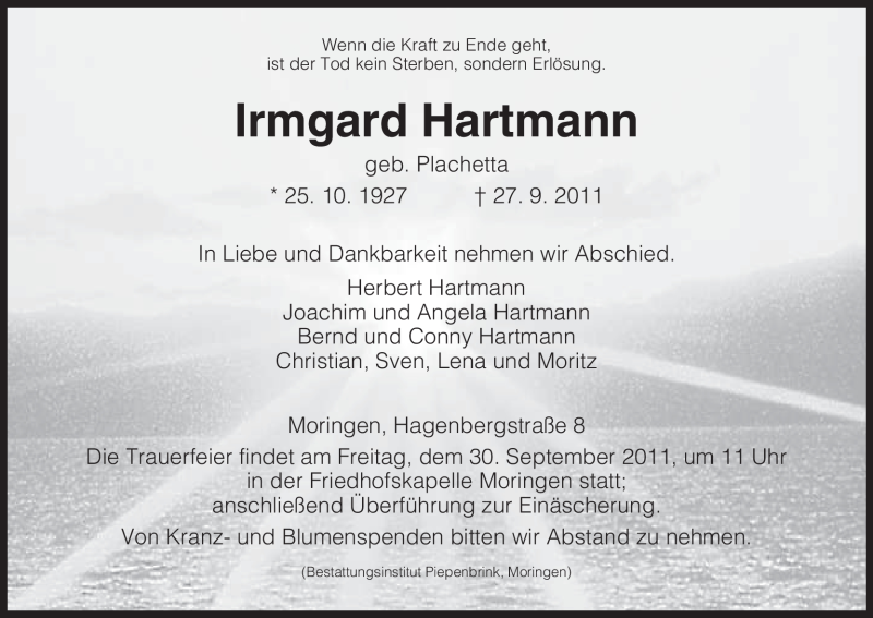  Traueranzeige für Irmgard Hartmann vom 29.09.2011 aus HNA