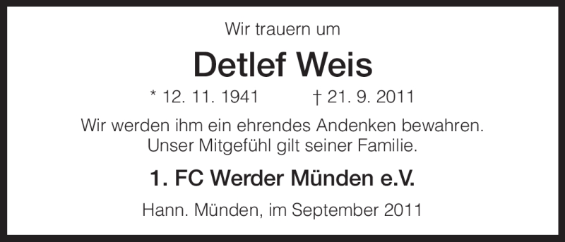  Traueranzeige für Detlef Weis vom 24.09.2011 aus HNA