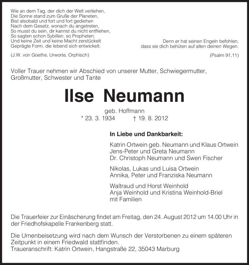 Traueranzeigen von Ilse Neumann | Trauer.HNA.de