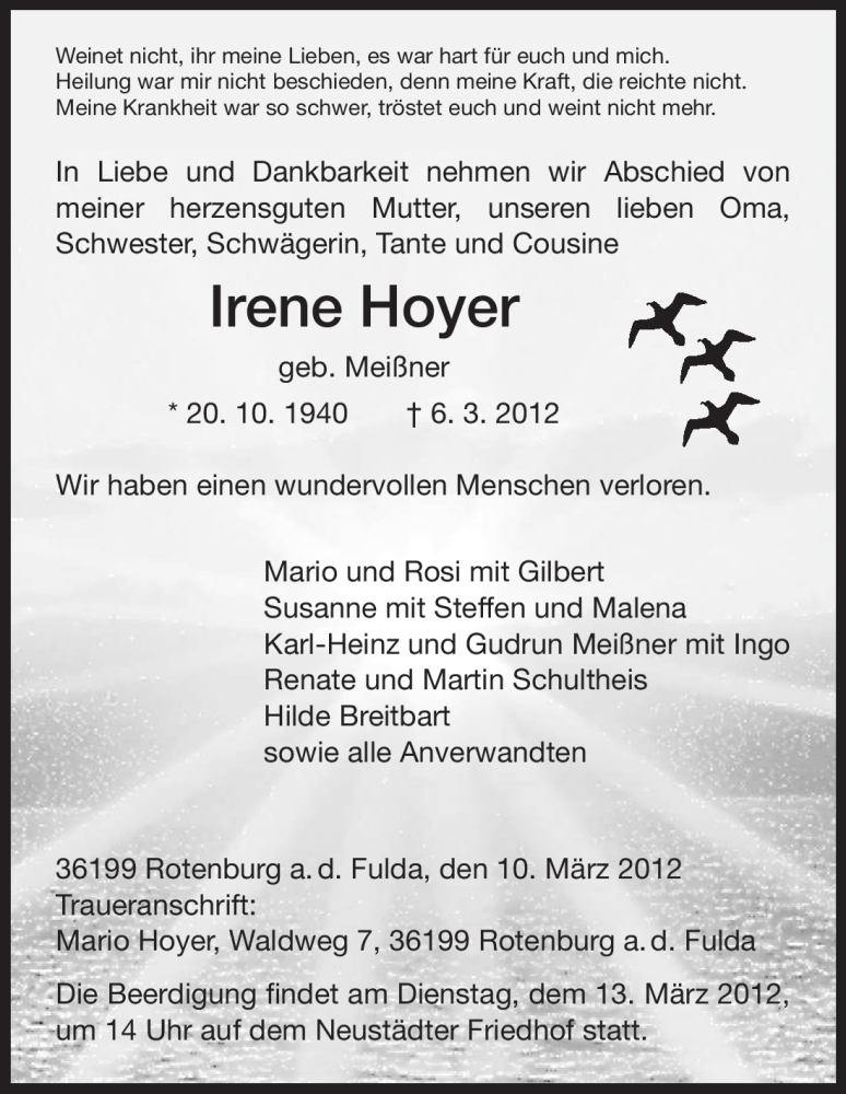  Traueranzeige für Irene Hoyer vom 10.03.2012 aus HNA