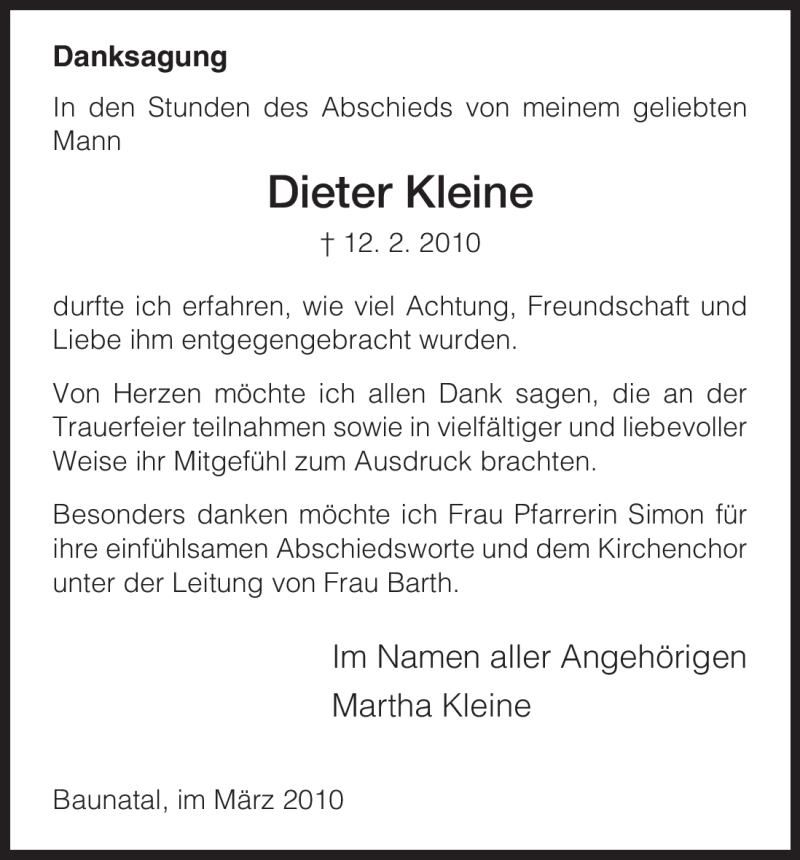  Traueranzeige für Dieter Kleine vom 20.03.2010 aus HNA