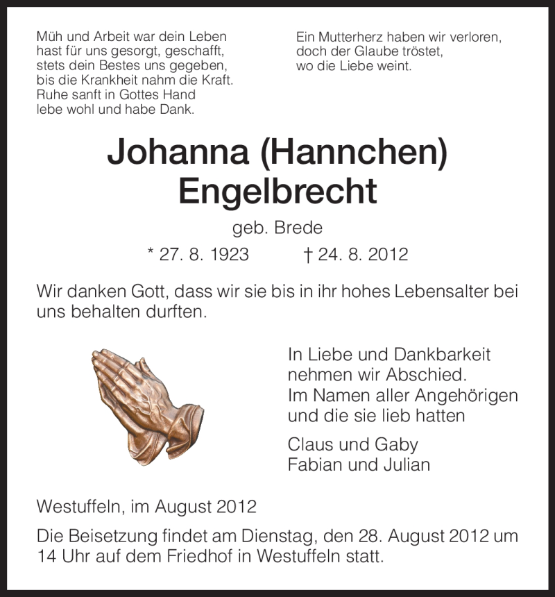  Traueranzeige für Johanna Engelbrecht vom 27.08.2012 aus HNA