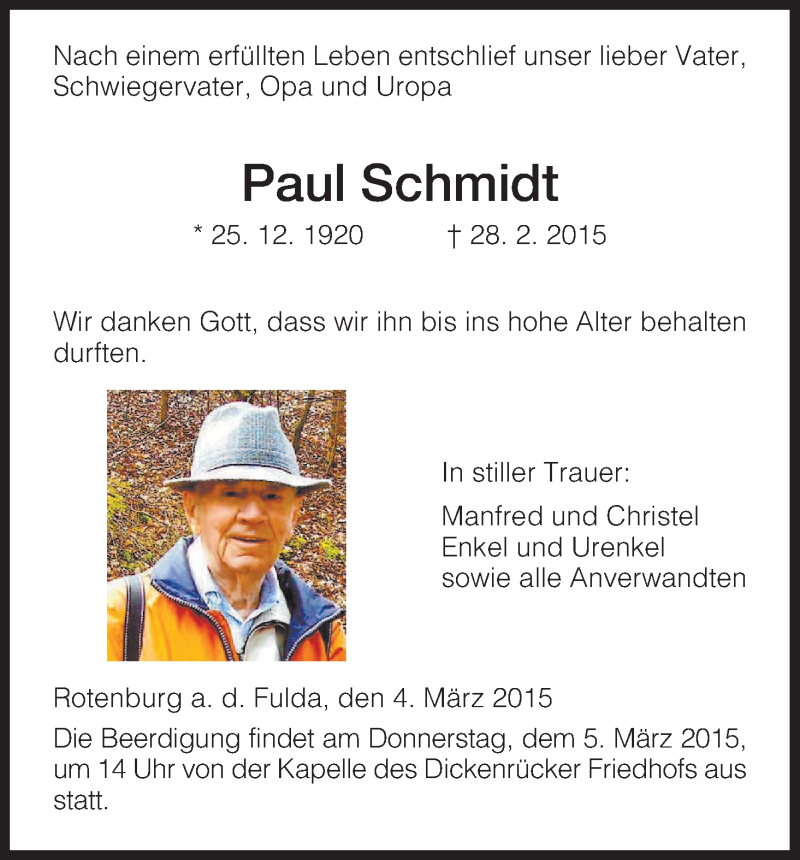  Traueranzeige für Paul Schmidt vom 04.03.2015 aus HNA