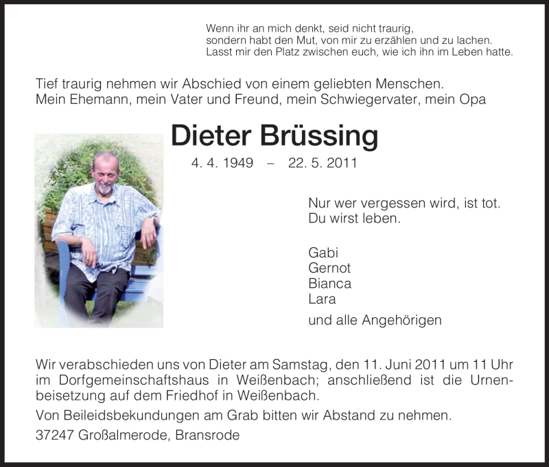  Traueranzeige für Dieter Brüssing vom 04.06.2011 aus HNA