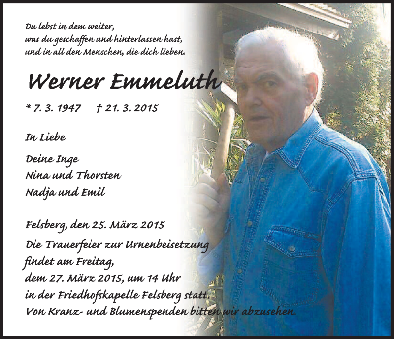  Traueranzeige für Werner Emmeluth vom 25.03.2015 aus HNA