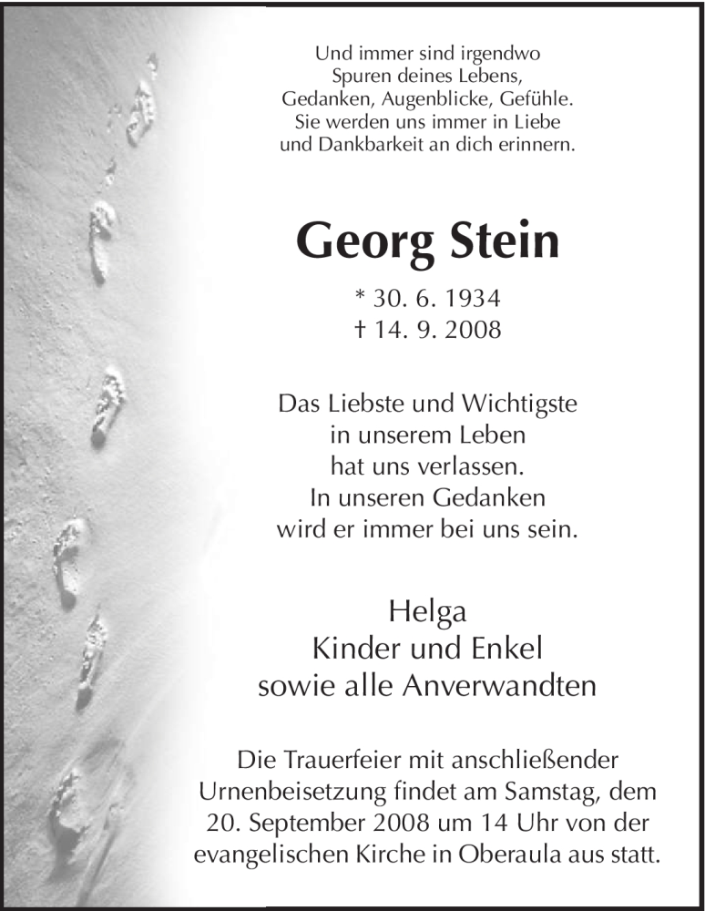  Traueranzeige für Georg Stein vom 17.09.2008 aus HNA