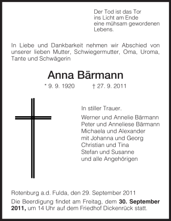 Traueranzeige von Anna Bärmann von HNA
