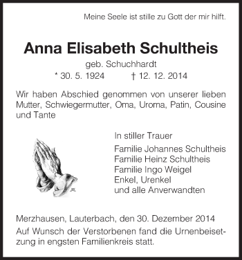 Traueranzeige von Anna Elisabeth Schultheis von HNA