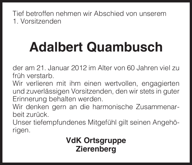  Traueranzeige für Adalbert Quambusch vom 28.01.2012 aus HNA