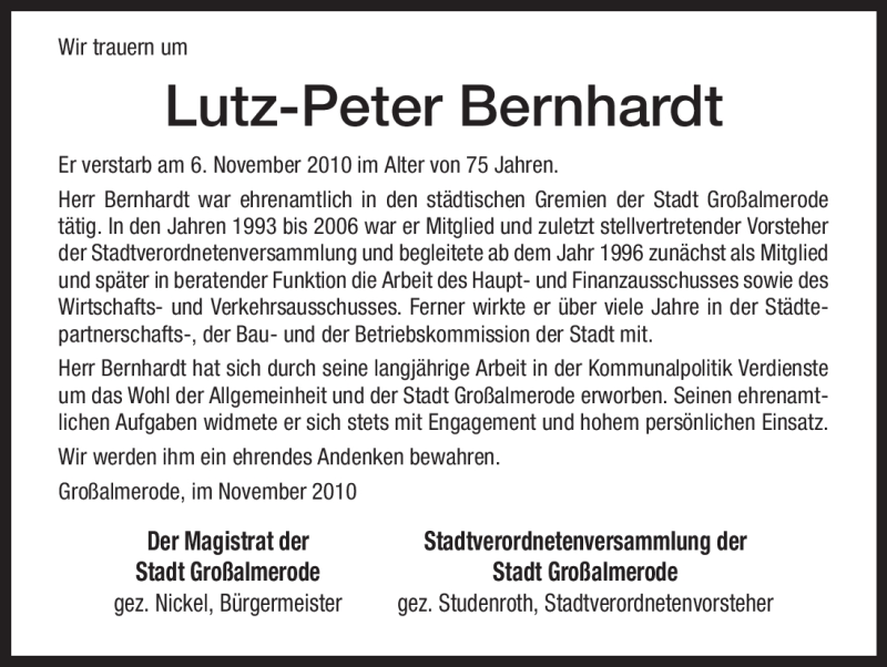  Traueranzeige für Lutz-Peter Bernhardt vom 13.11.2010 aus HNA