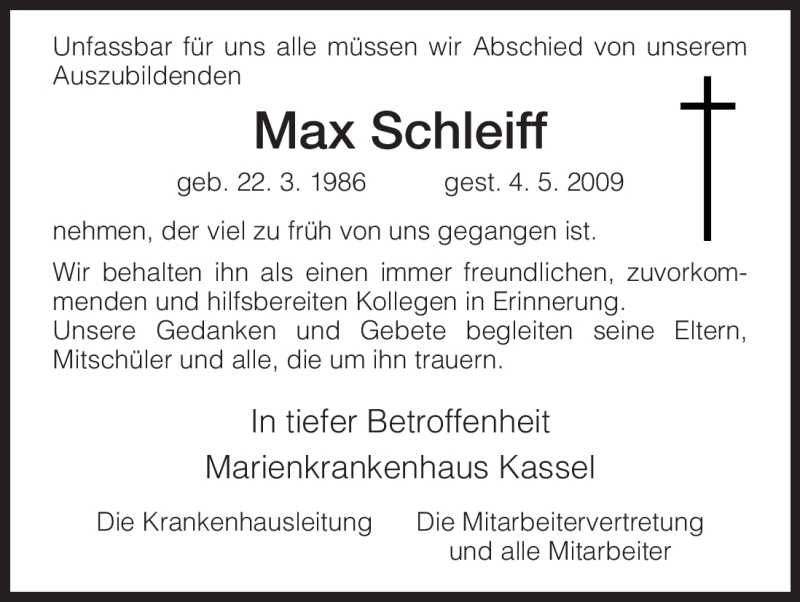  Traueranzeige für Max Schleiff vom 09.05.2009 aus HNA