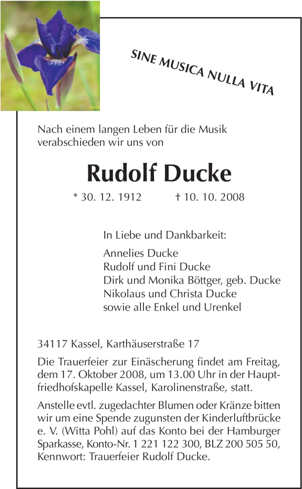  Traueranzeige für Rudolf Ducke vom 14.10.2008 aus HNA