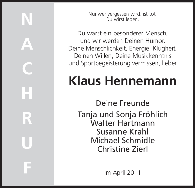  Traueranzeige für Klaus Hennemann vom 23.04.2011 aus HNA