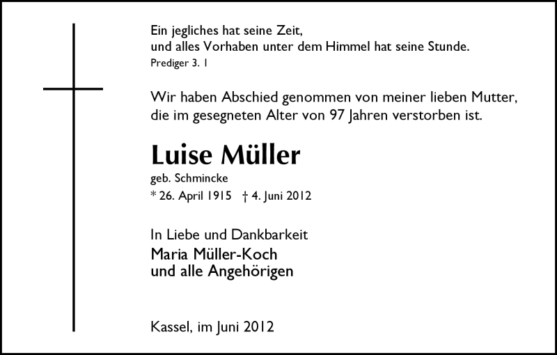  Traueranzeige für Luise Müller vom 15.06.2012 aus HNA