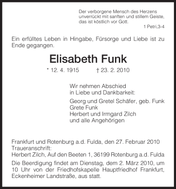Traueranzeige von Elisabeth Funk von HNA
