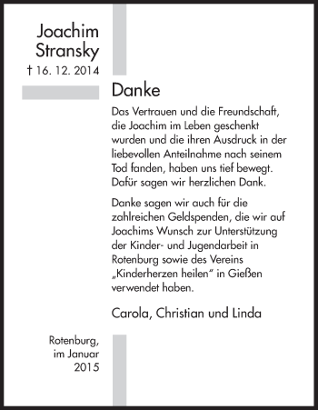 Traueranzeige von Joachim Stransky von HNA