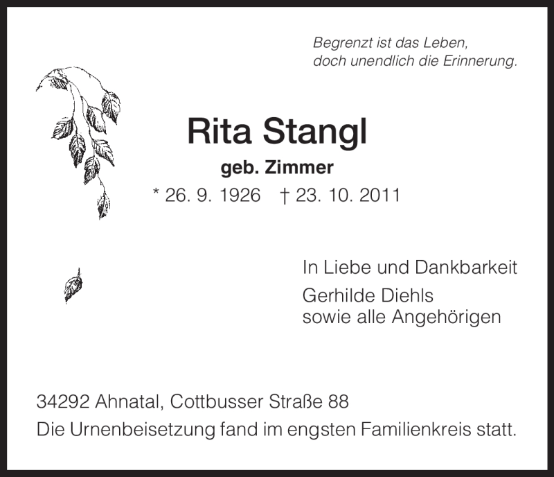 Traueranzeigen Von Rita Stangl | Trauer.HNA.de