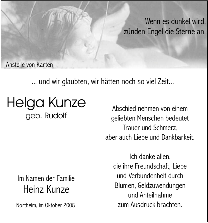  Traueranzeige für Helga Kunze vom 11.10.2008 aus HNA