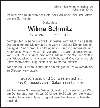 Traueranzeige von Wilma Schmitz von HNA