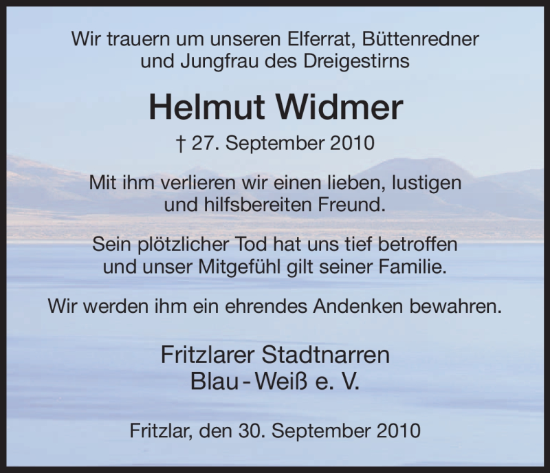  Traueranzeige für Helmut Widmer vom 30.09.2010 aus HNA