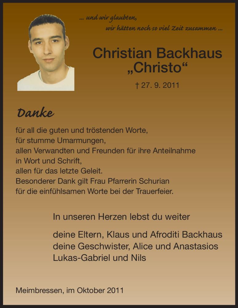  Traueranzeige für Christian Backhaus vom 15.10.2011 aus HNA