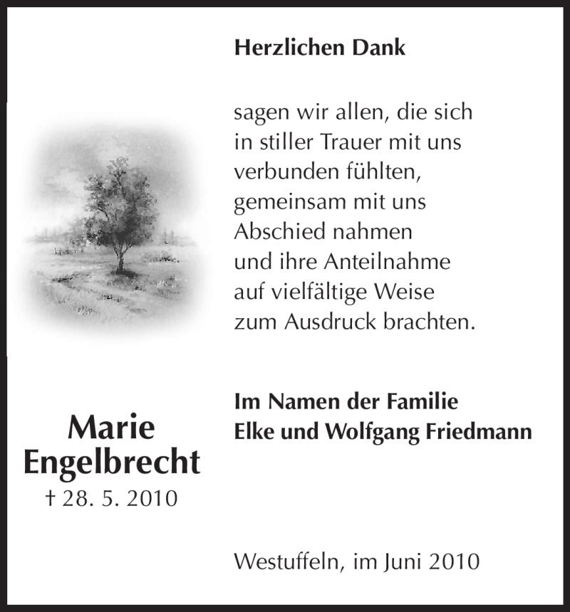  Traueranzeige für Marie Engelbrecht vom 12.06.2010 aus HNA