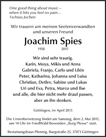 Traueranzeige von Joachim Spies von HNA