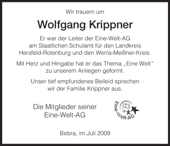 Traueranzeige von Wolfgang Krippner von HNA