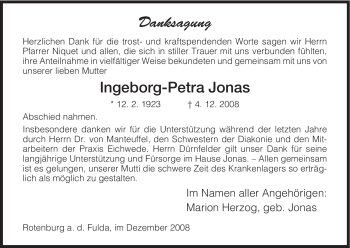 Traueranzeige von Ingeborg-Petra Jonas von HNA