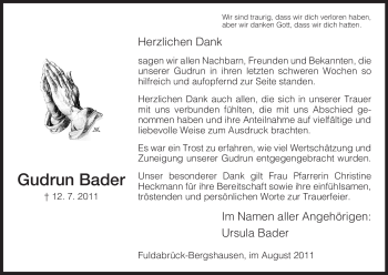 Traueranzeige von Gudrun Bader von HNA