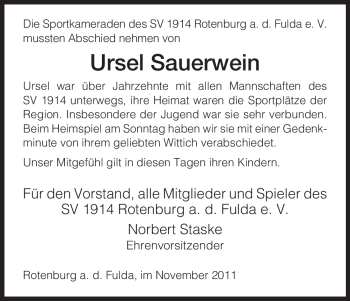 Traueranzeige von Ursel Sauerwein von HNA