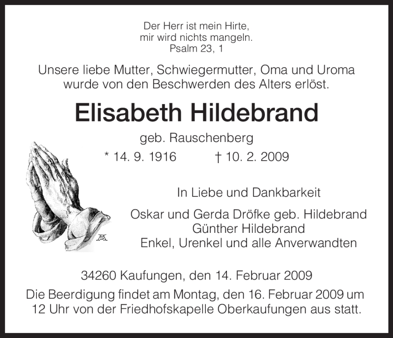  Traueranzeige für Elisabeth Hildebrand vom 14.02.2009 aus HNA