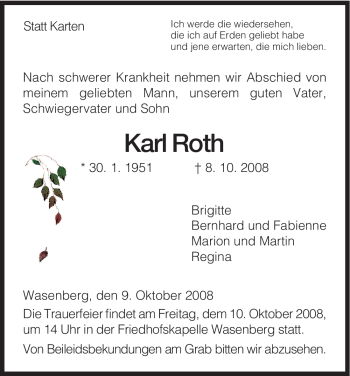 Traueranzeige von Karl Roth von HNA