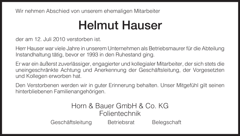  Traueranzeige für Helmut Hauser vom 15.07.2010 aus HNA