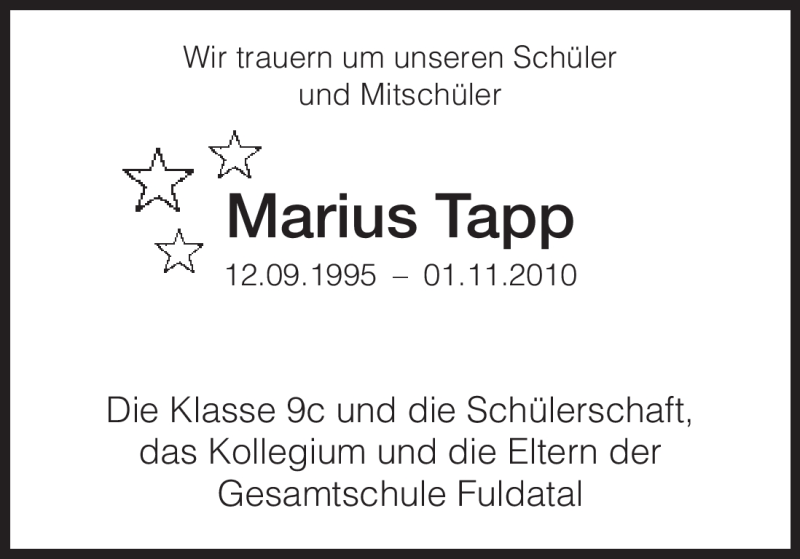  Traueranzeige für Marius Tapp vom 06.11.2010 aus HNA